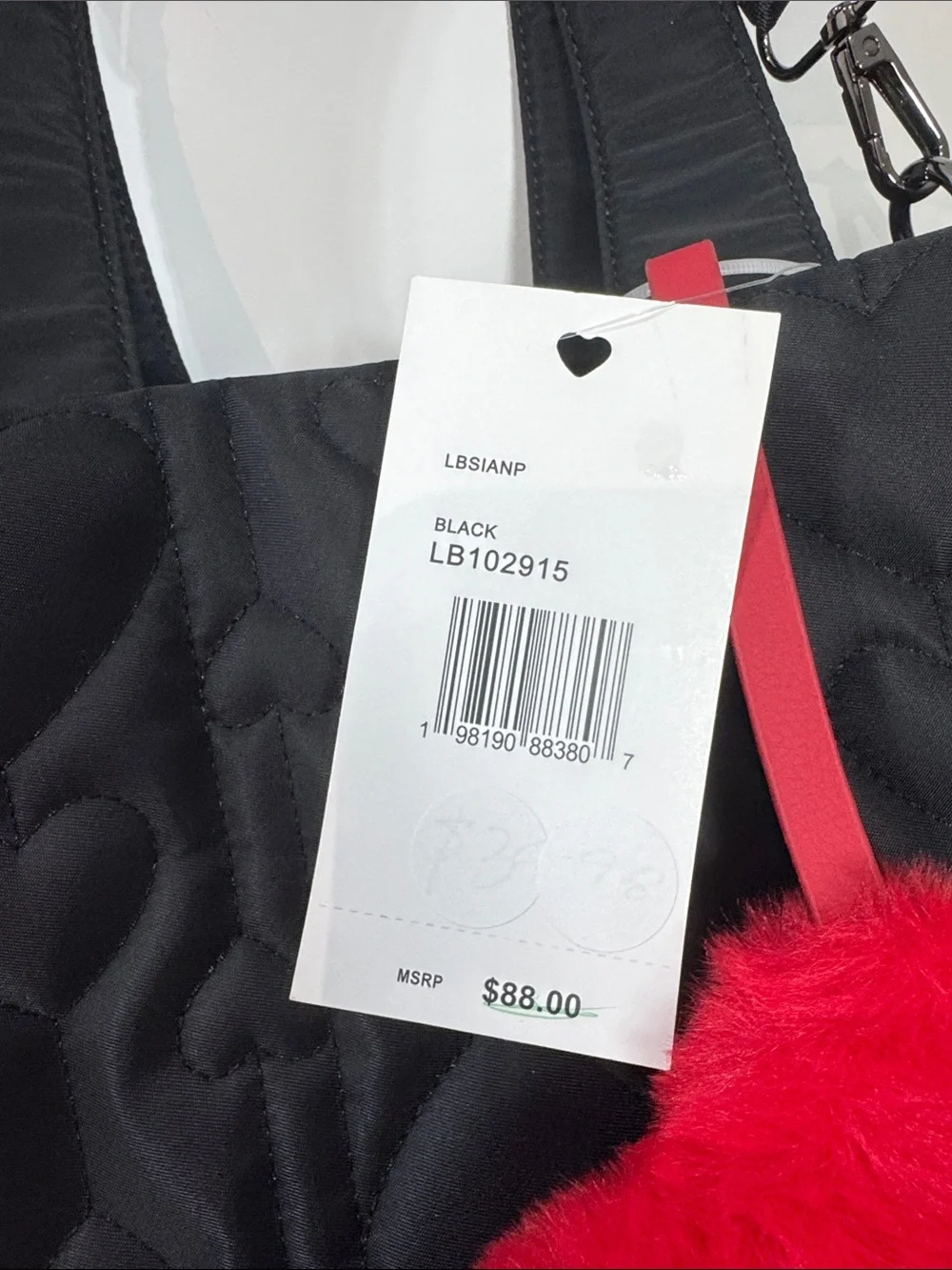 Luv Betsey Black Quilted Heart Tote with Red Heart Pom Accent - Size Medium